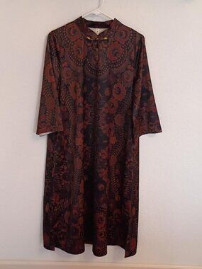 LAI MENG FIVE CATS WOMEN'S DRESS 3/4 SLEEVES BROWN BLACK FLORAL POCKETS SIZE L